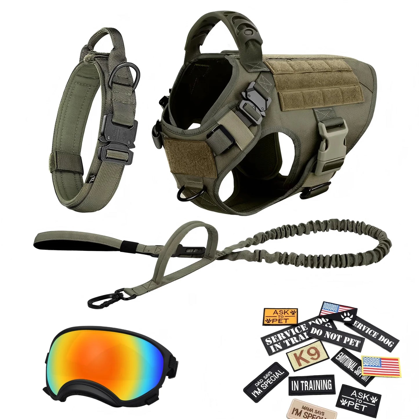 Tactical Dog Harness Vest With Leash Patches And Sunglasses