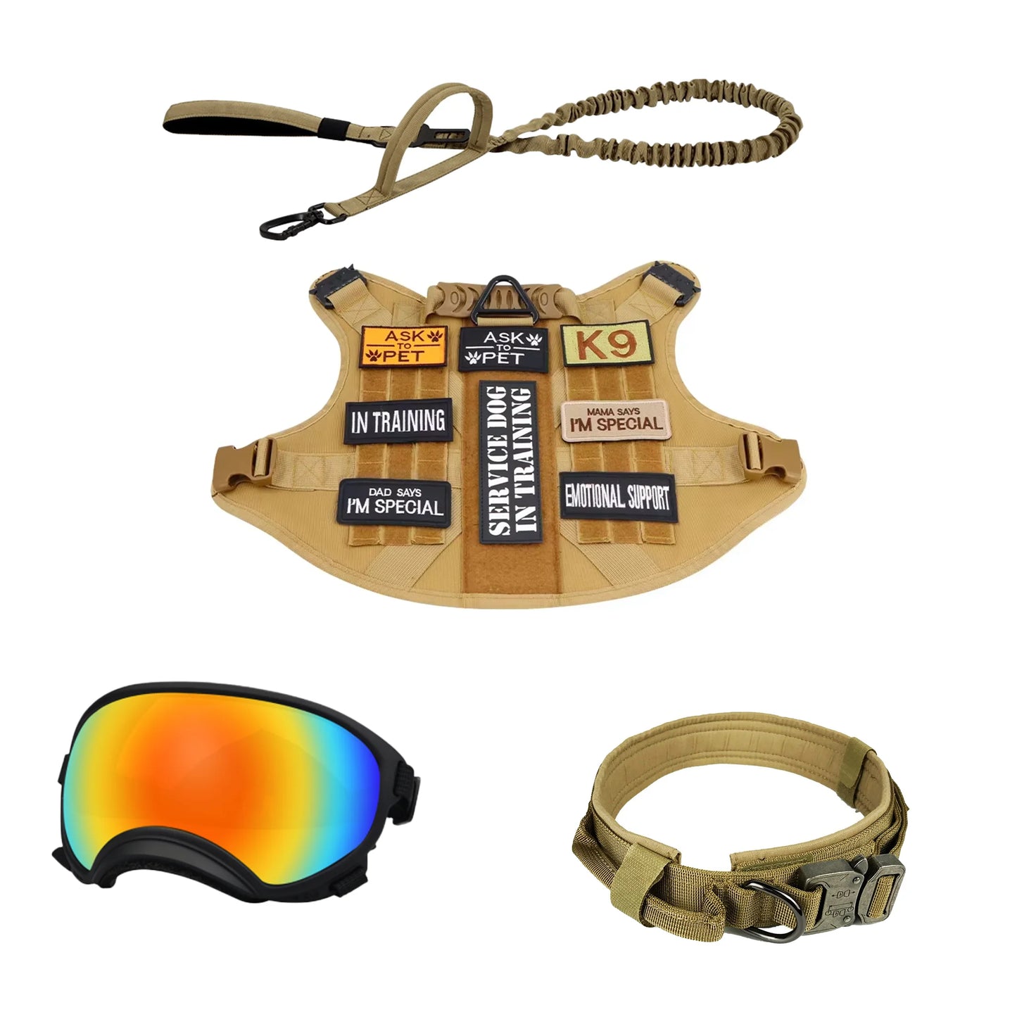 Tactical Dog Harness Vest With Leash Patches And Sunglasses