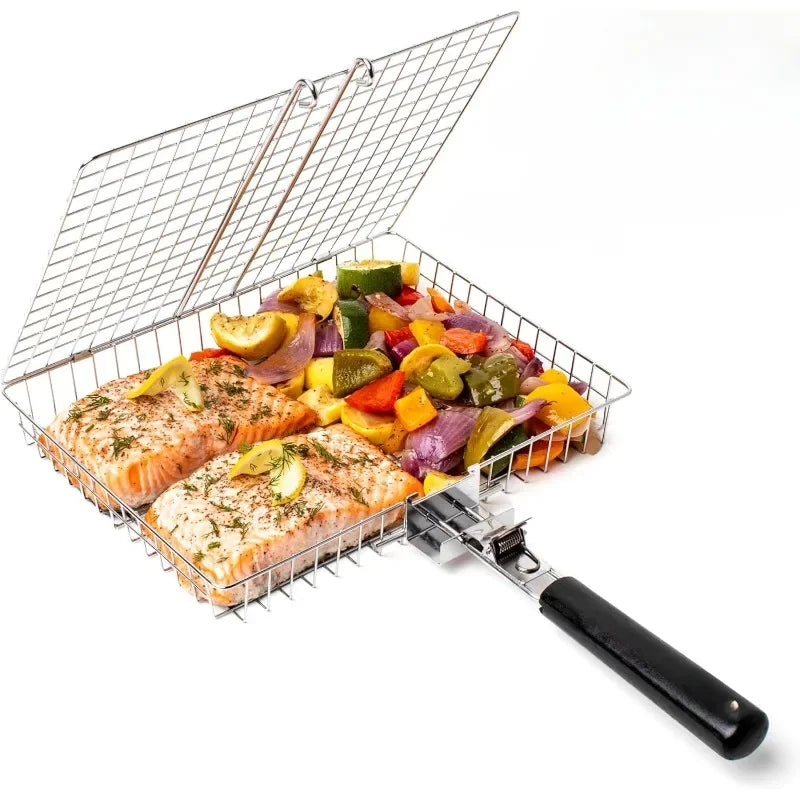 Stainless Steel Large Folding Grill Basket For Outdoor BBQ Fish