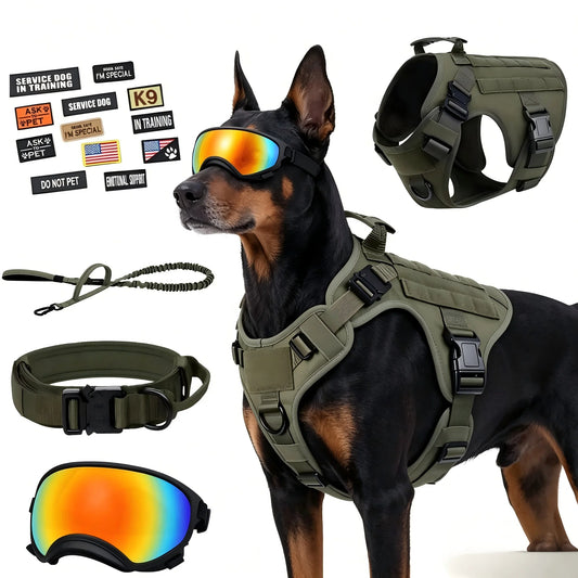 Tactical Dog Harness Vest With Leash Patches And Sunglasses