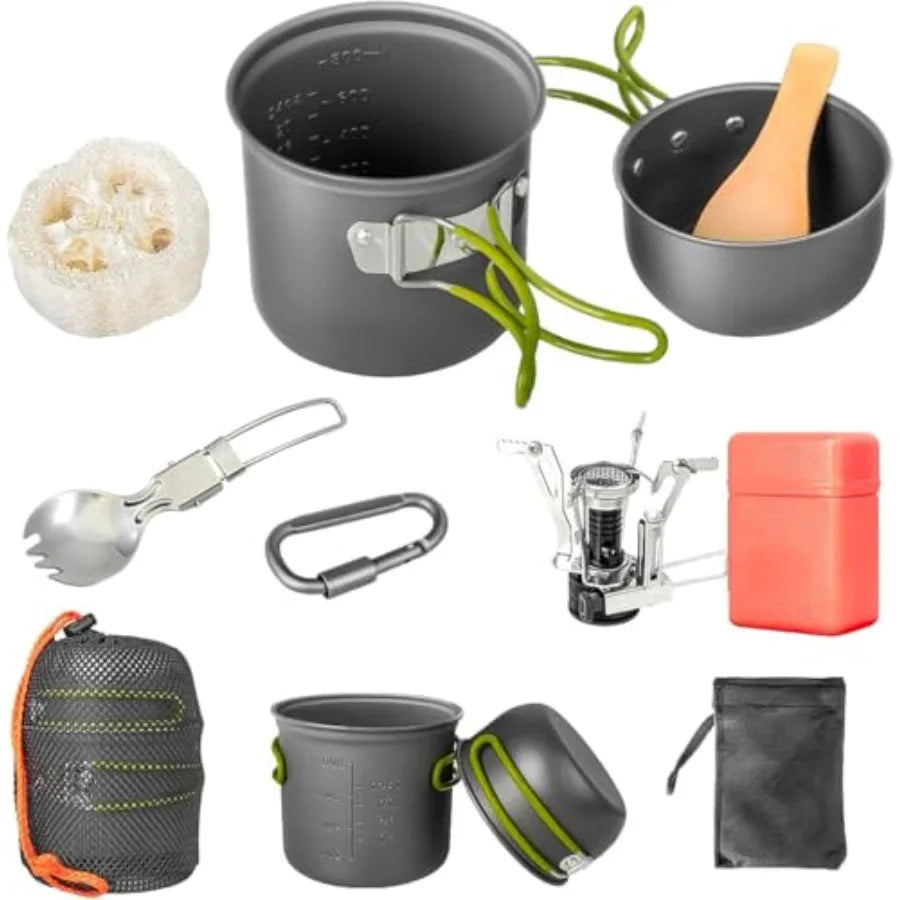 Portable Camping Cookware Set With Nonstick Pans And Folding Fork