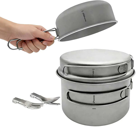 Titanium 3 In 1 Cookware Set With Folding Handle For Camping