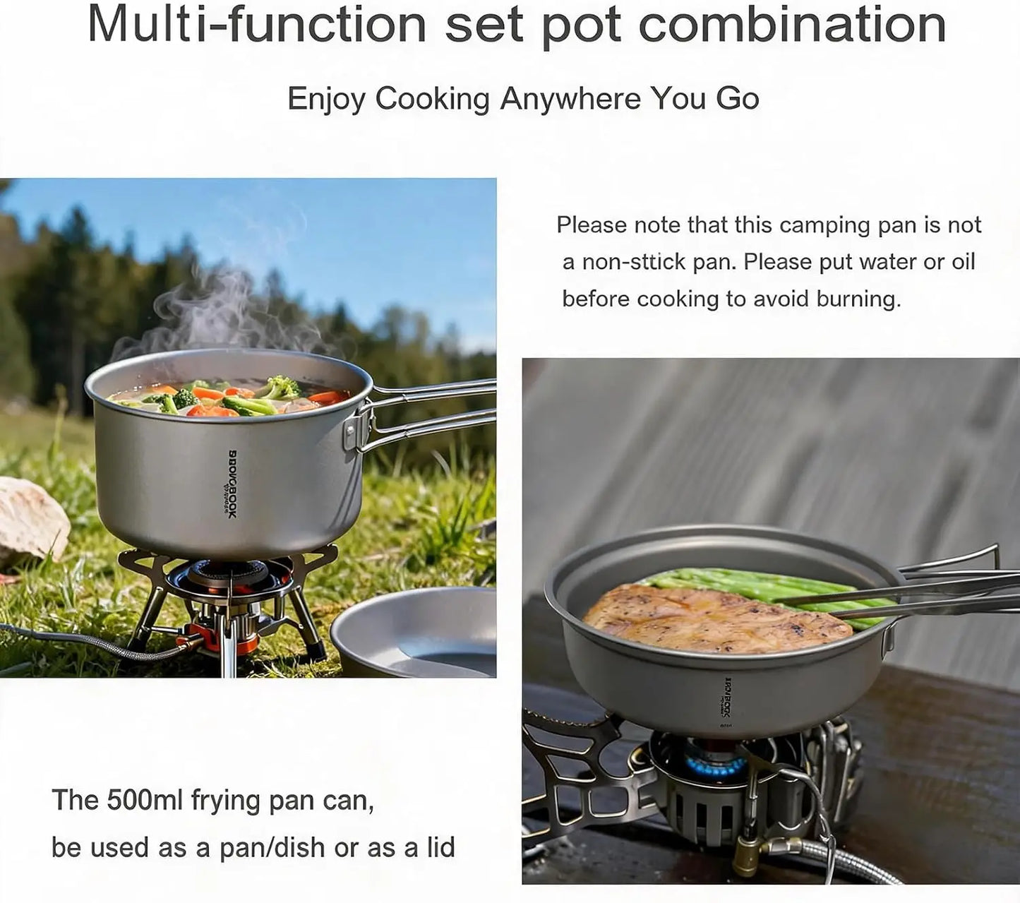 Titanium 3 In 1 Cookware Set With Folding Handle For Camping