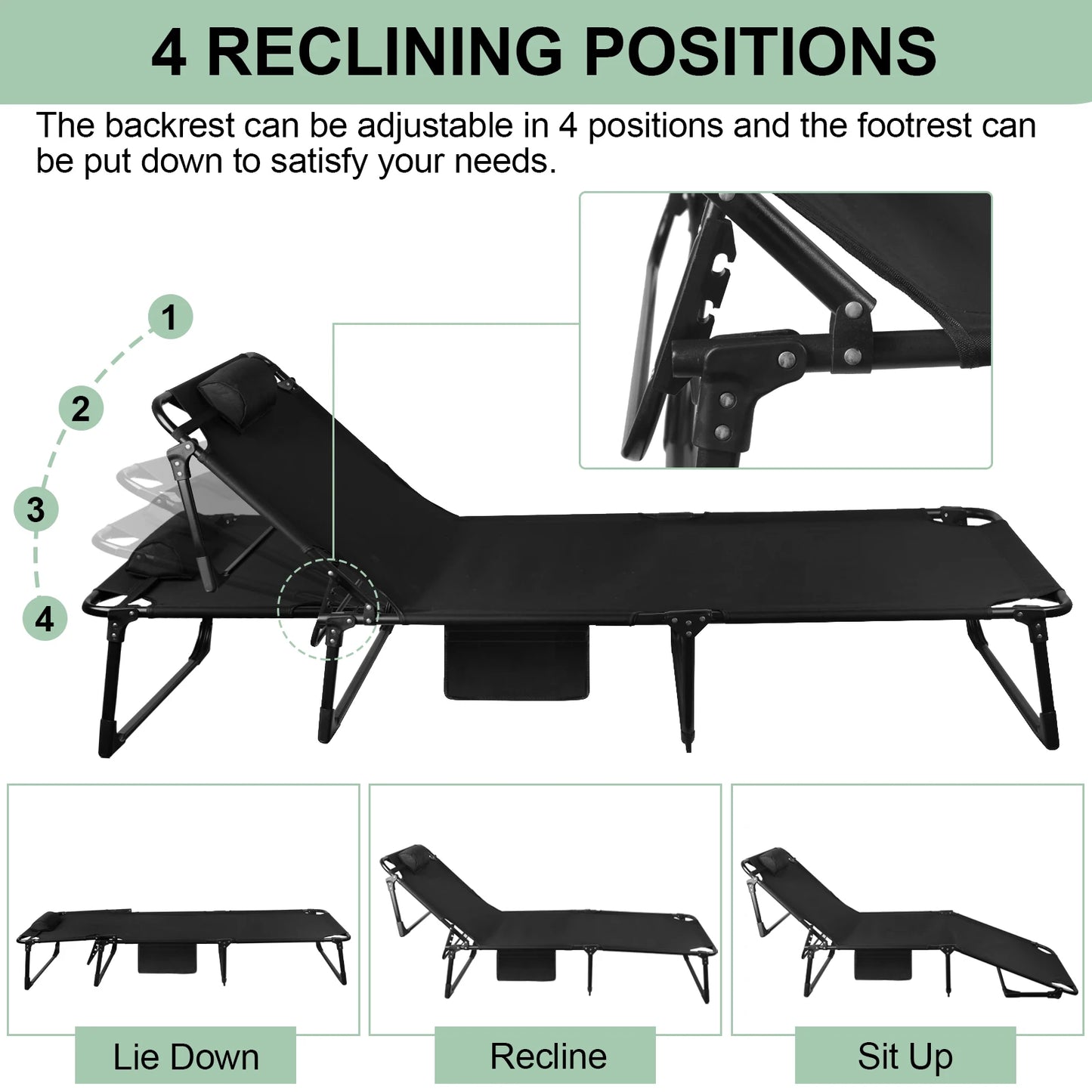 Portable Folding Camping Cot With Pillow And Three Position Adjustable Recliner