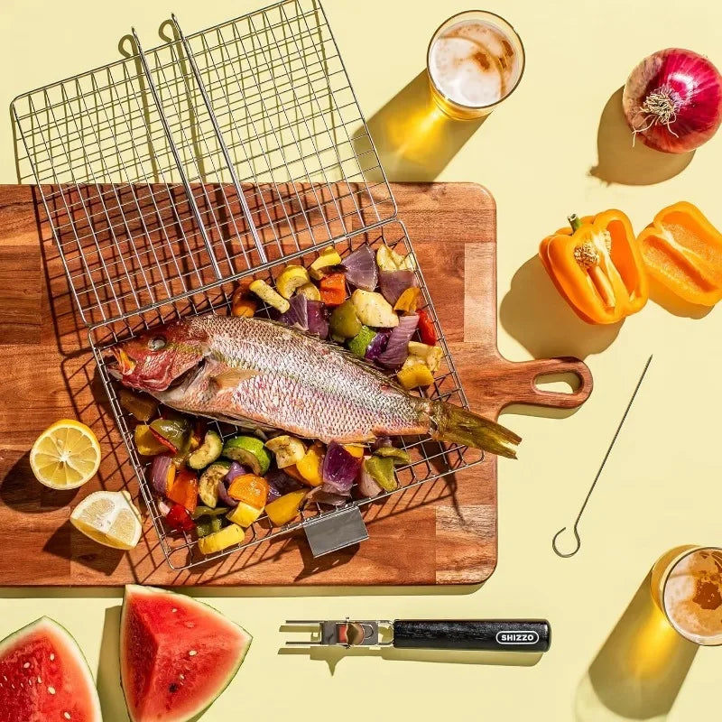 Stainless Steel Large Folding Grill Basket For Outdoor BBQ Fish