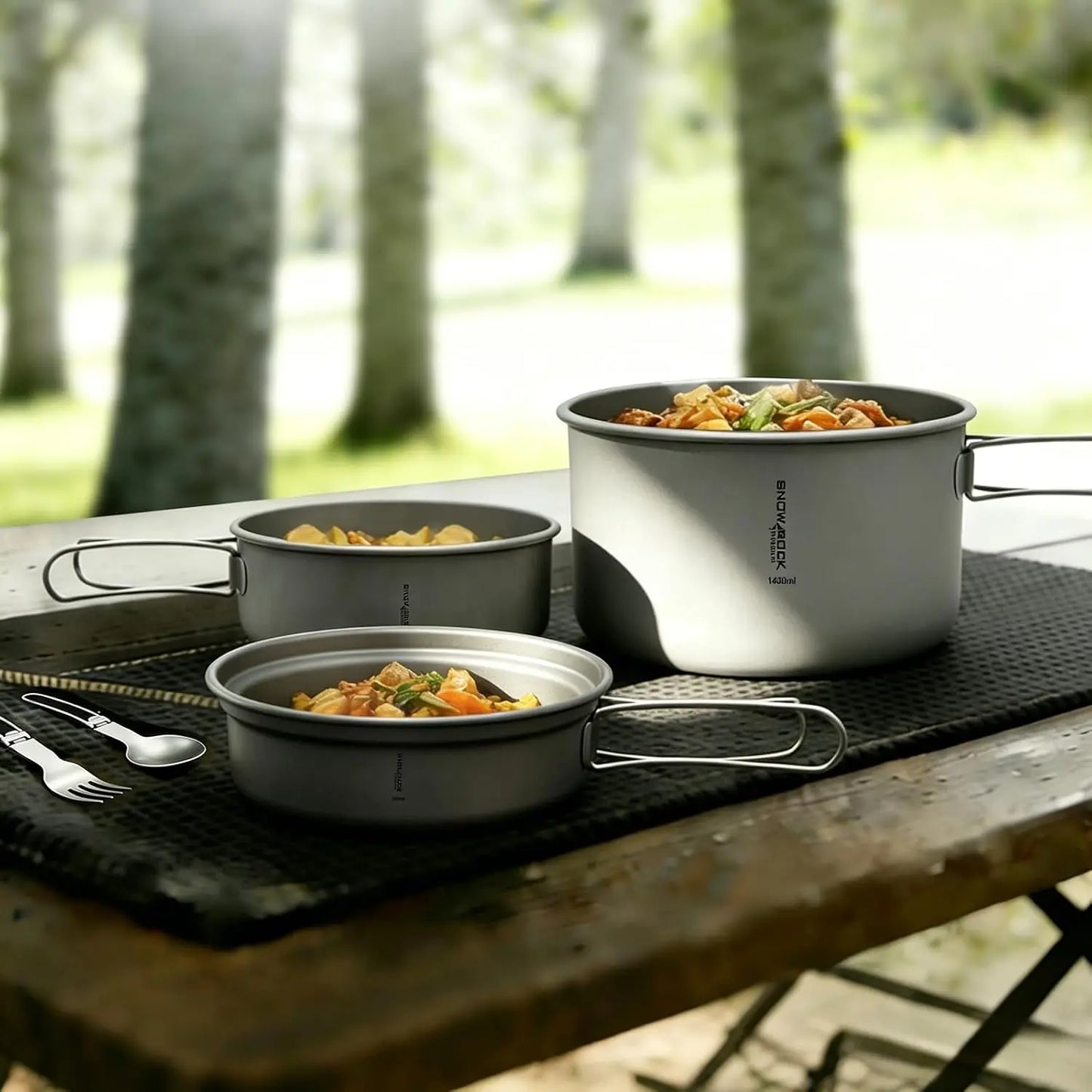 Titanium 3 In 1 Cookware Set With Folding Handle For Camping
