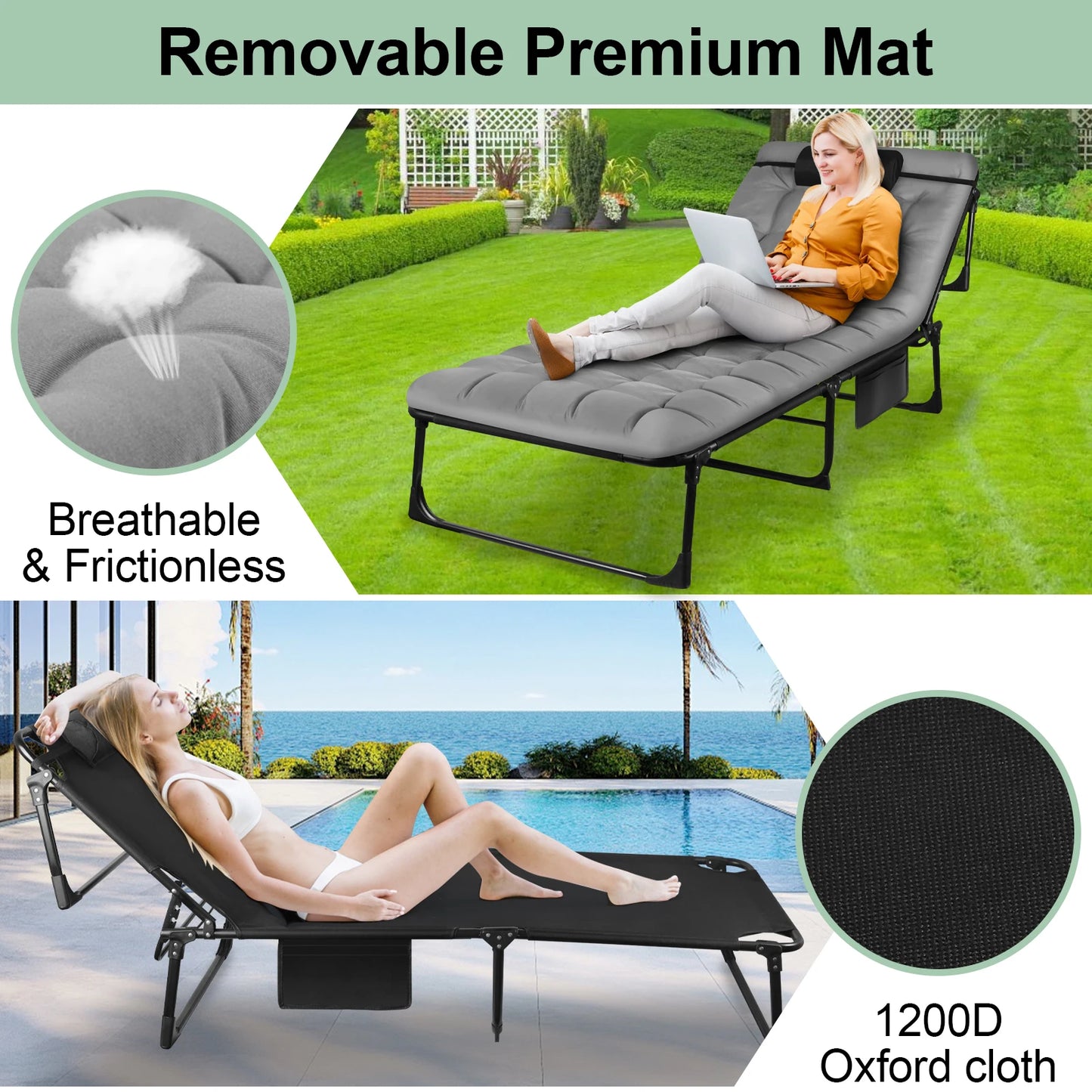 Portable Folding Camping Cot With Pillow And Three Position Adjustable Recliner