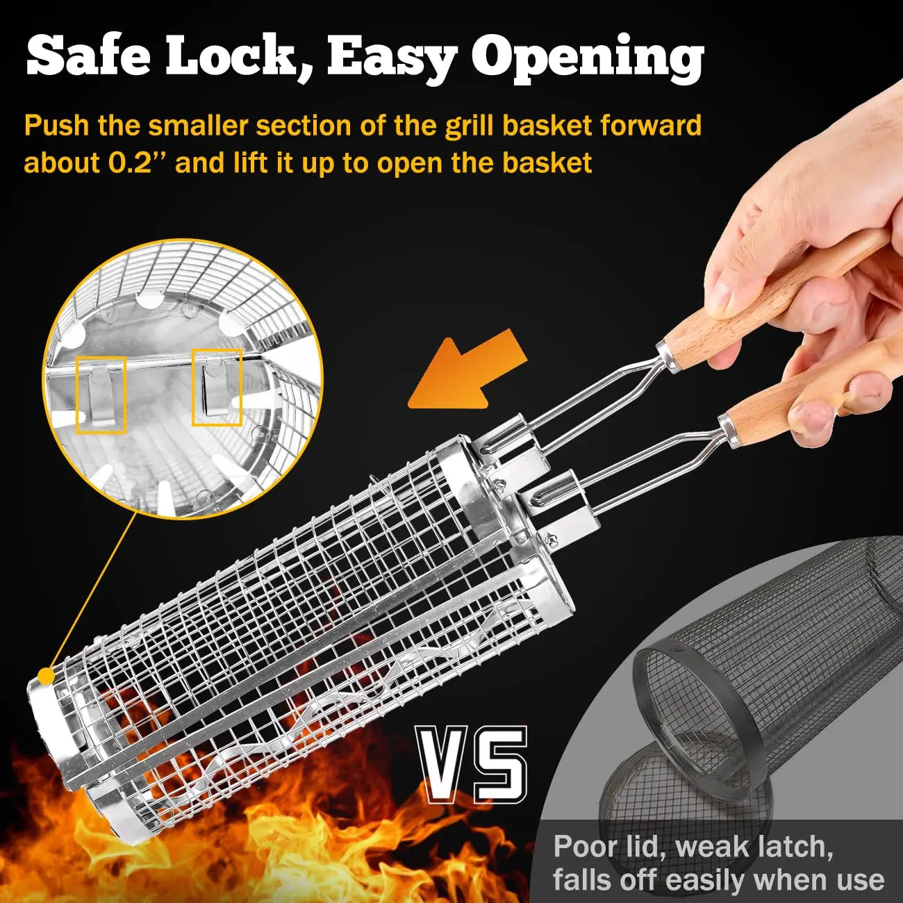 Rolling Grill Basket Stainless Steel Removable Wooden Handle