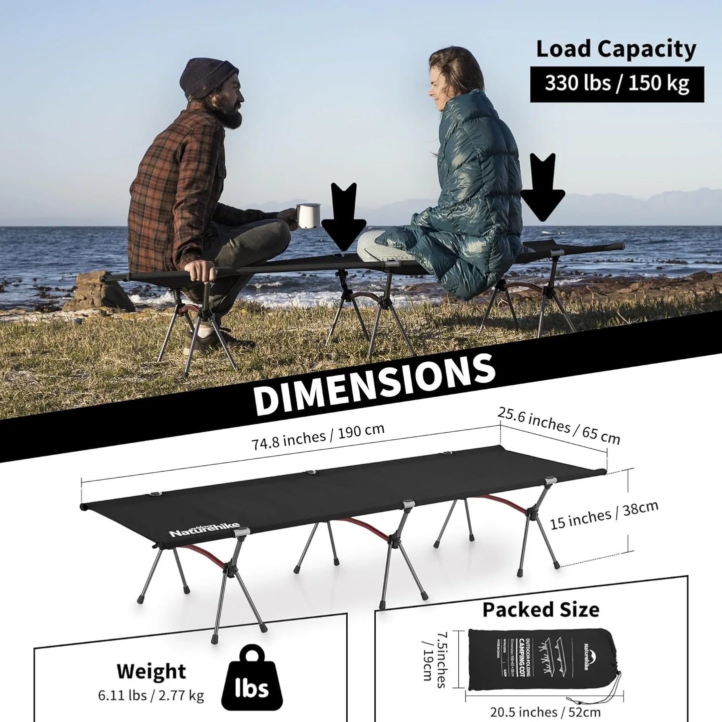 Naturehike Folding Camping Cot Ultralight Height Adjustable Bed