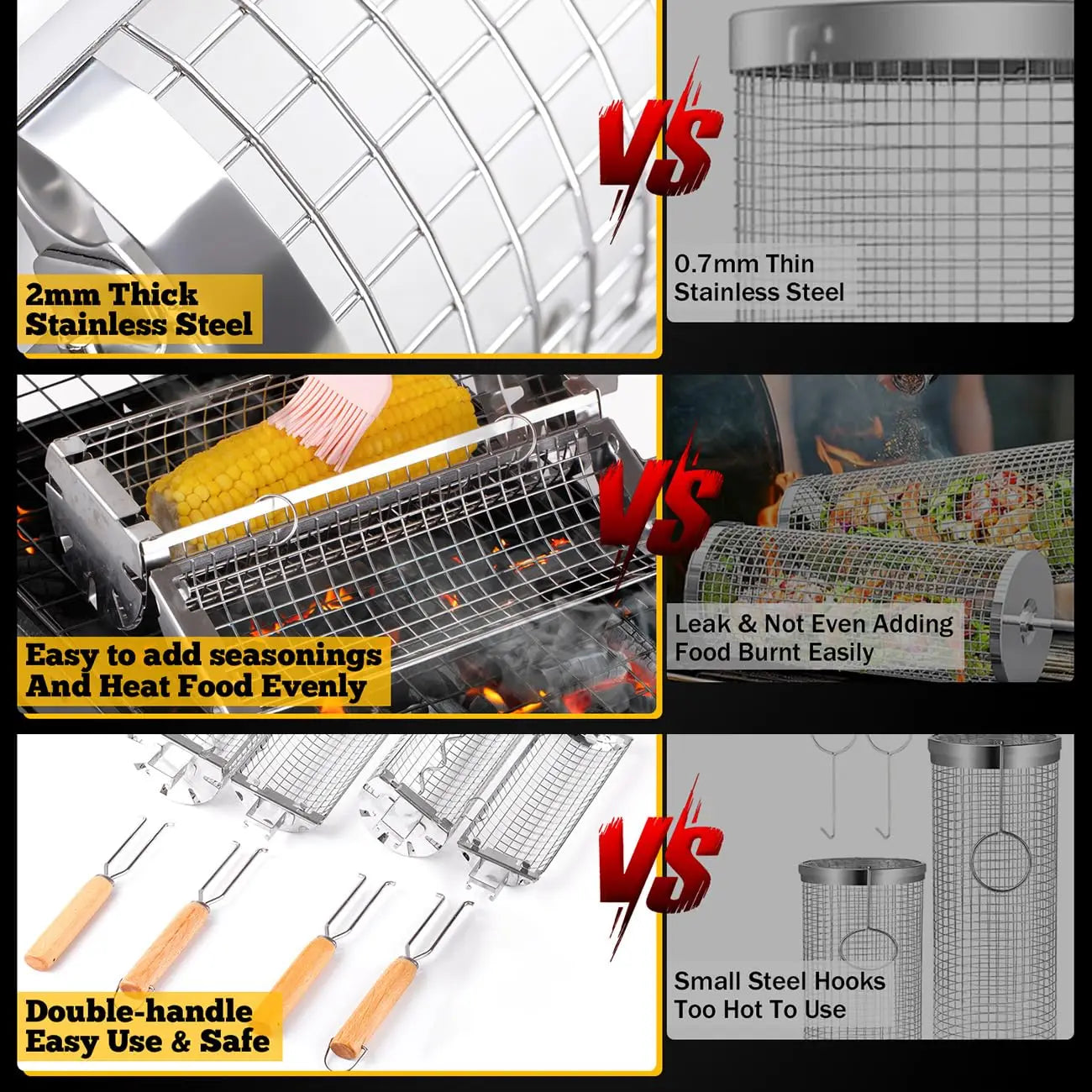 Rolling Grill Basket Stainless Steel Removable Wooden Handle