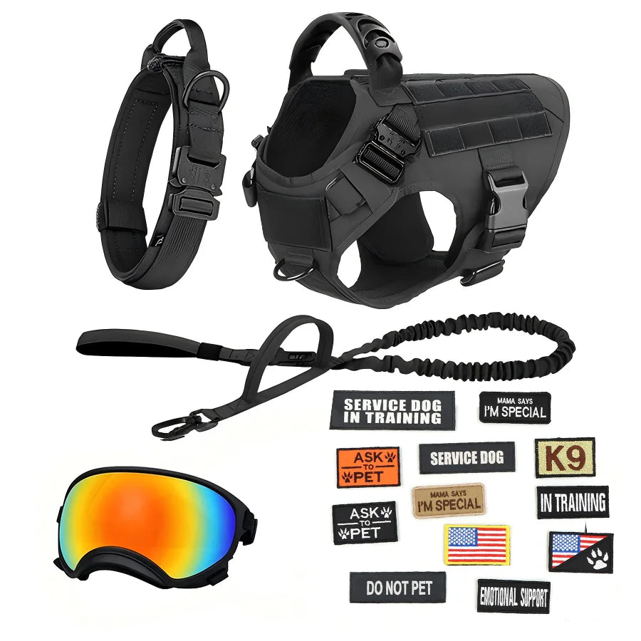 Tactical Dog Harness Vest With Leash Patches And Sunglasses