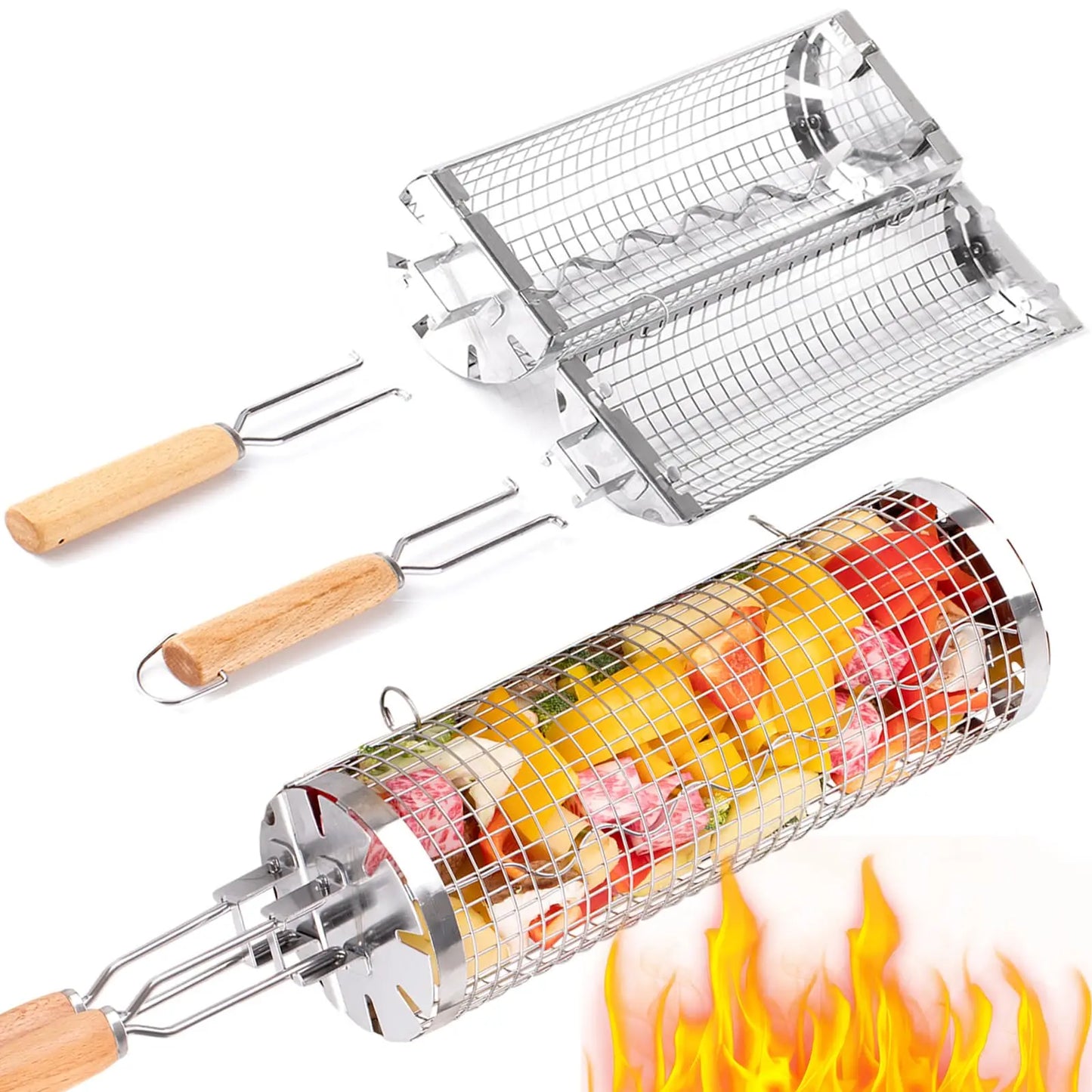 Rolling Grill Basket Stainless Steel Removable Wooden Handle