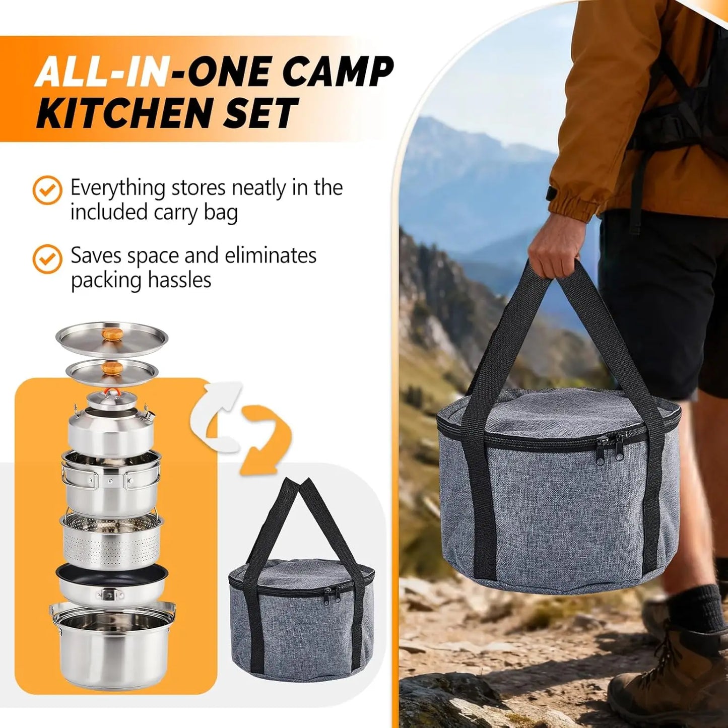 Lightweight 304 Stainless Steel Nonstick Camping Cookware Set