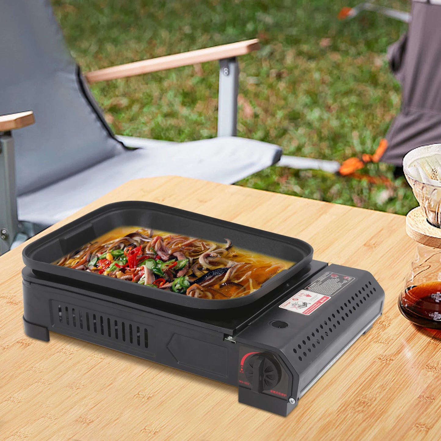 Portable Camping Butane Gas Grill Stove with Grill Pan Lid