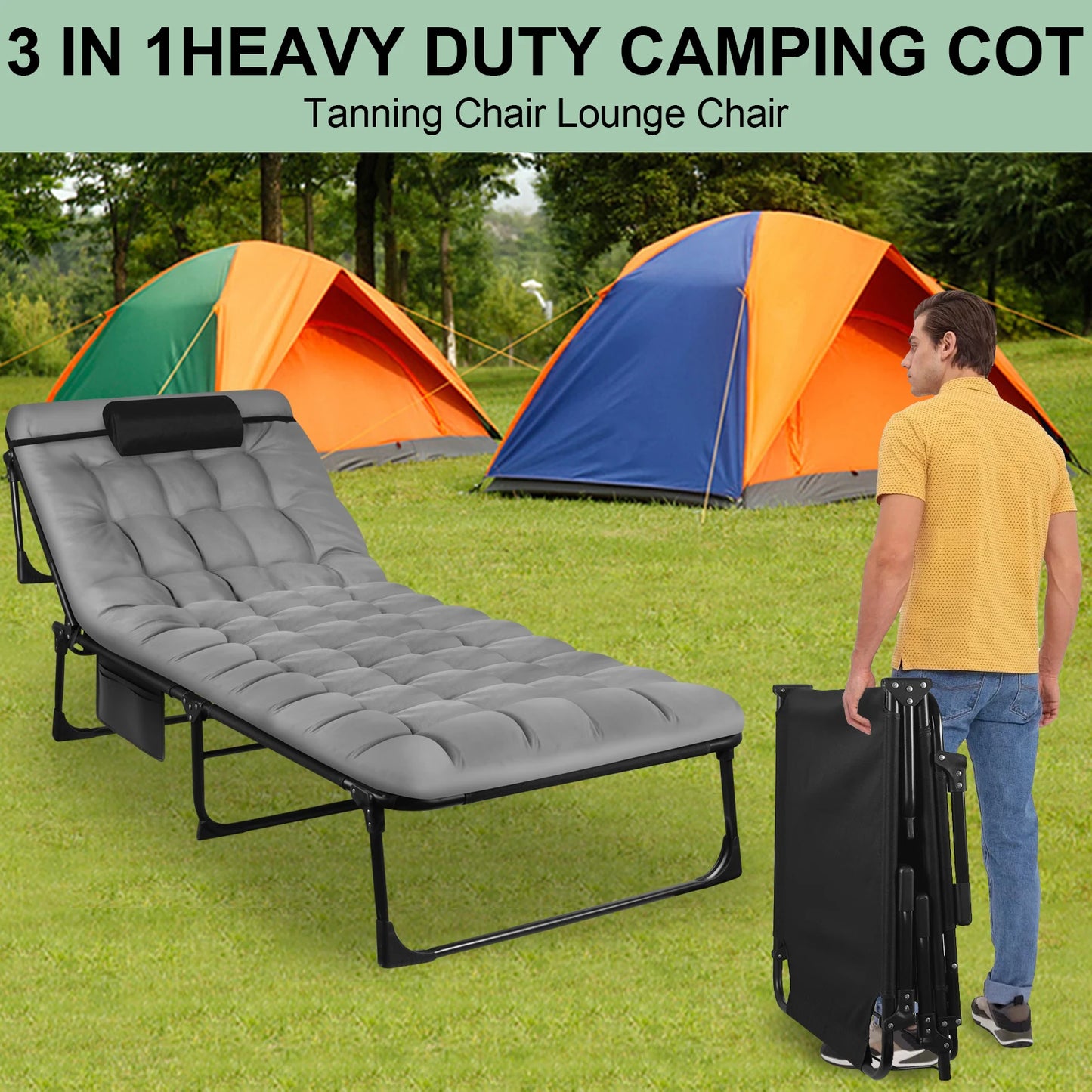 Portable Folding Camping Cot With Pillow And Three Position Adjustable Recliner