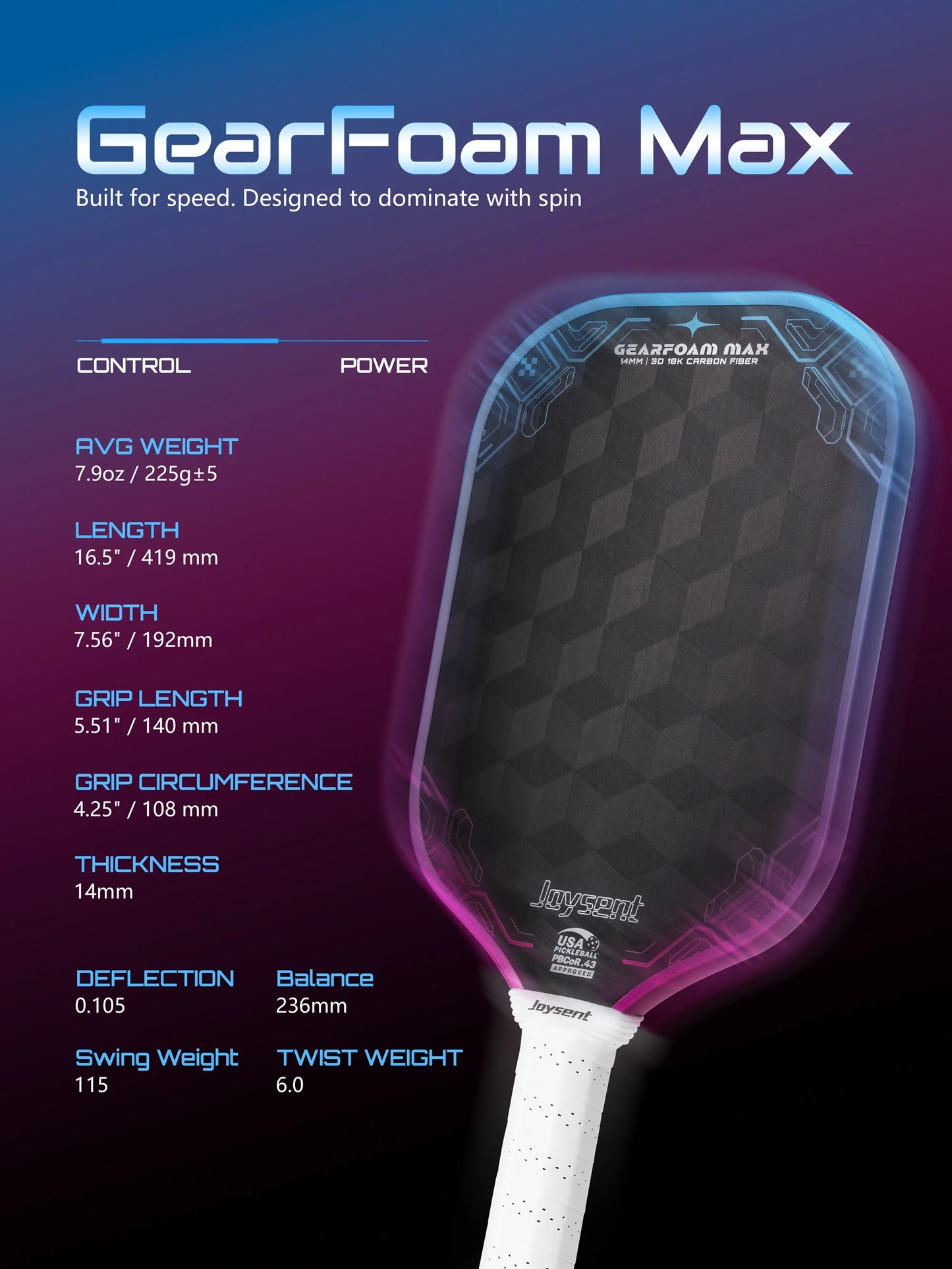 Joysent USAPA Pickleball Paddle 3D 18K Carbon Fiber Core