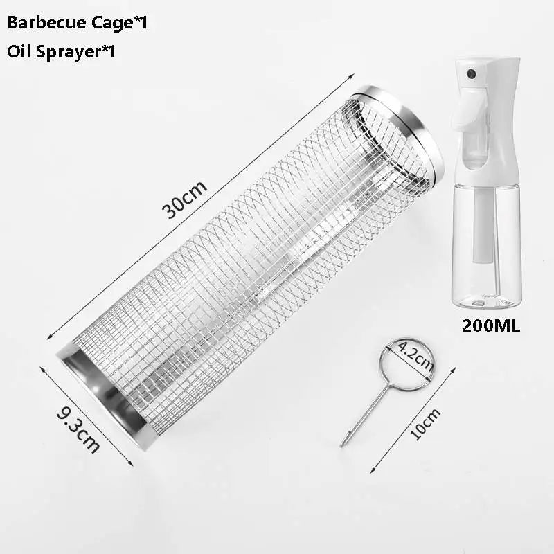 Rolling Grill Basket Stainless Steel Removable Wooden Handle
