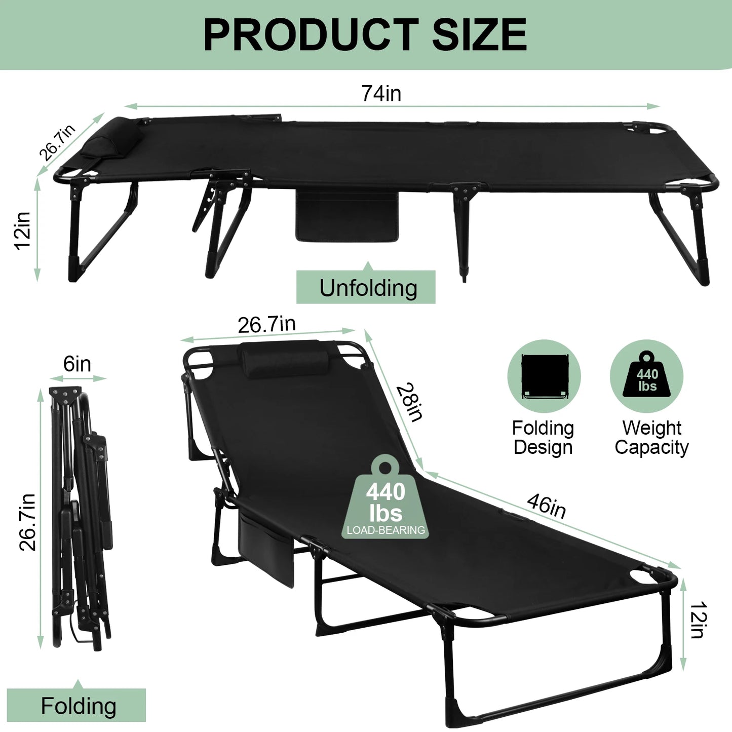 Portable Folding Camping Cot With Pillow And Three Position Adjustable Recliner