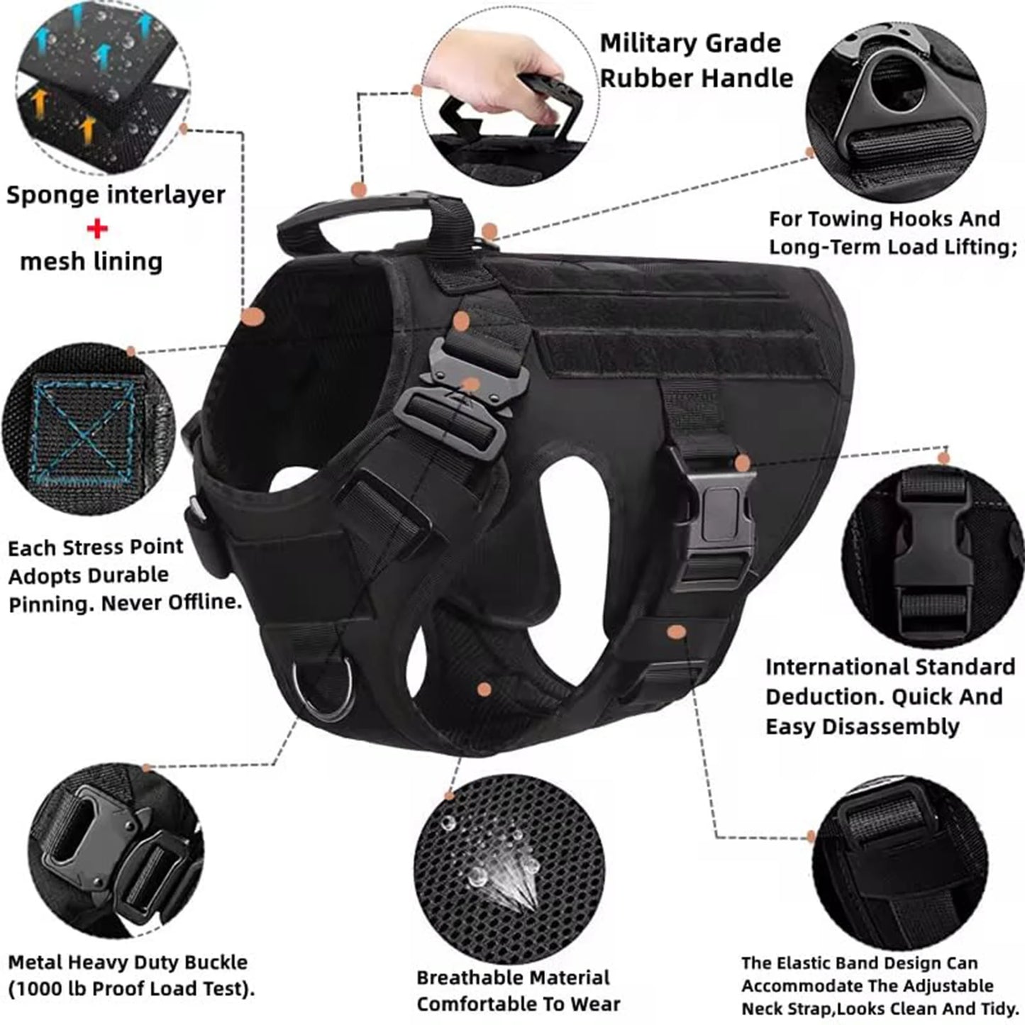 Tactical Dog Harness Vest Molle Pouches Nylon