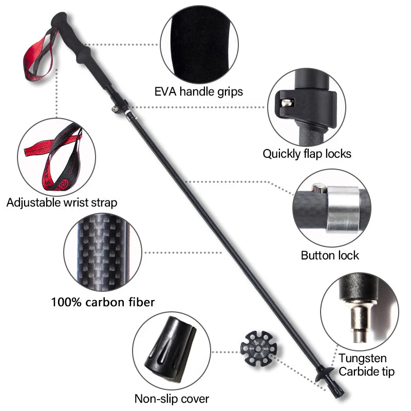 OKHEALING Ultralight Carbon Fiber Trekking Poles Folding Telescopic