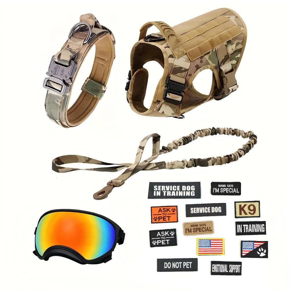 Tactical Dog Harness Vest With Leash Patches And Sunglasses