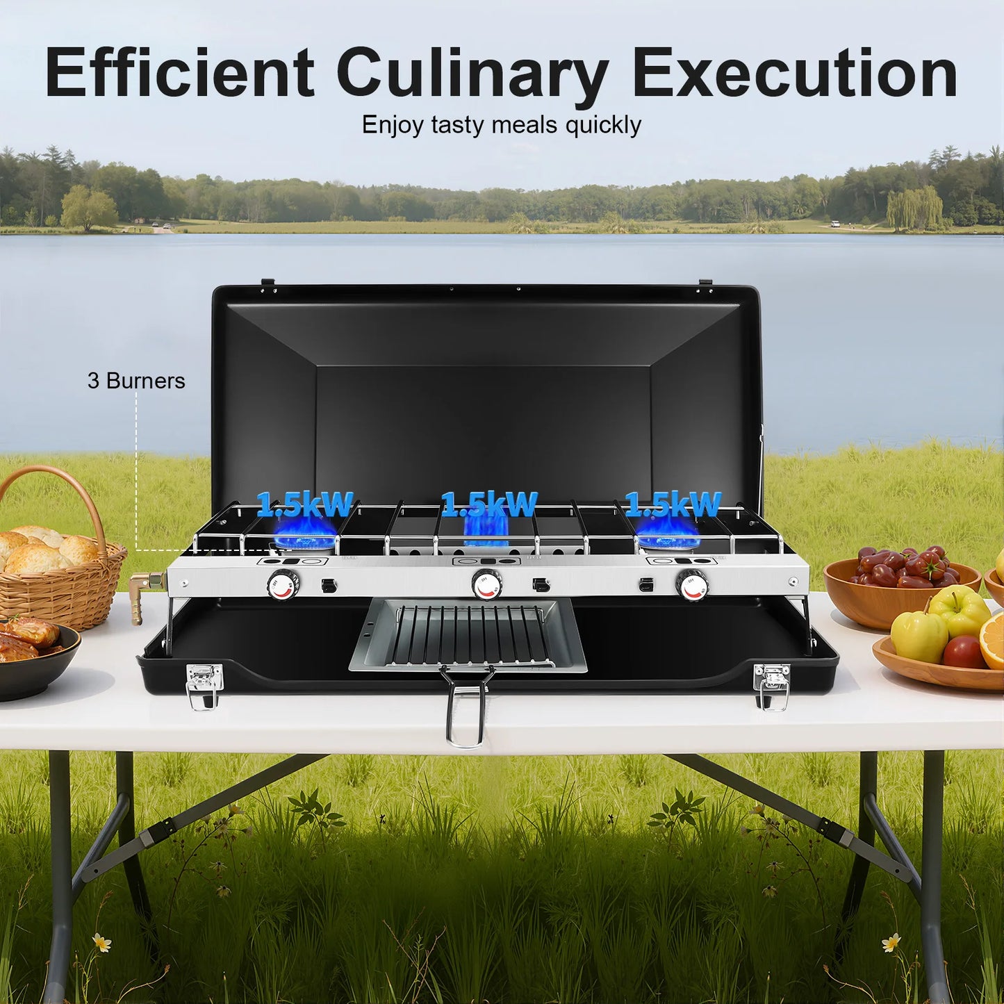 Portable 3-Burner Outdoor Camping Gas Stove Propane Butane Grill