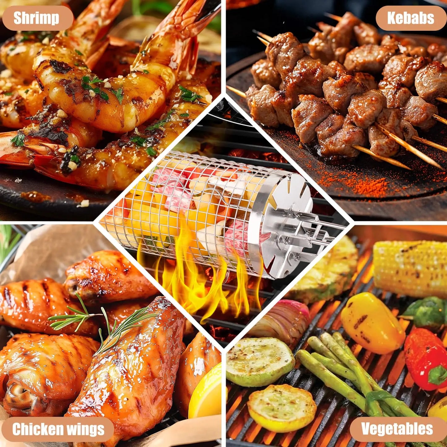 Rolling Grill Basket Stainless Steel Removable Wooden Handle