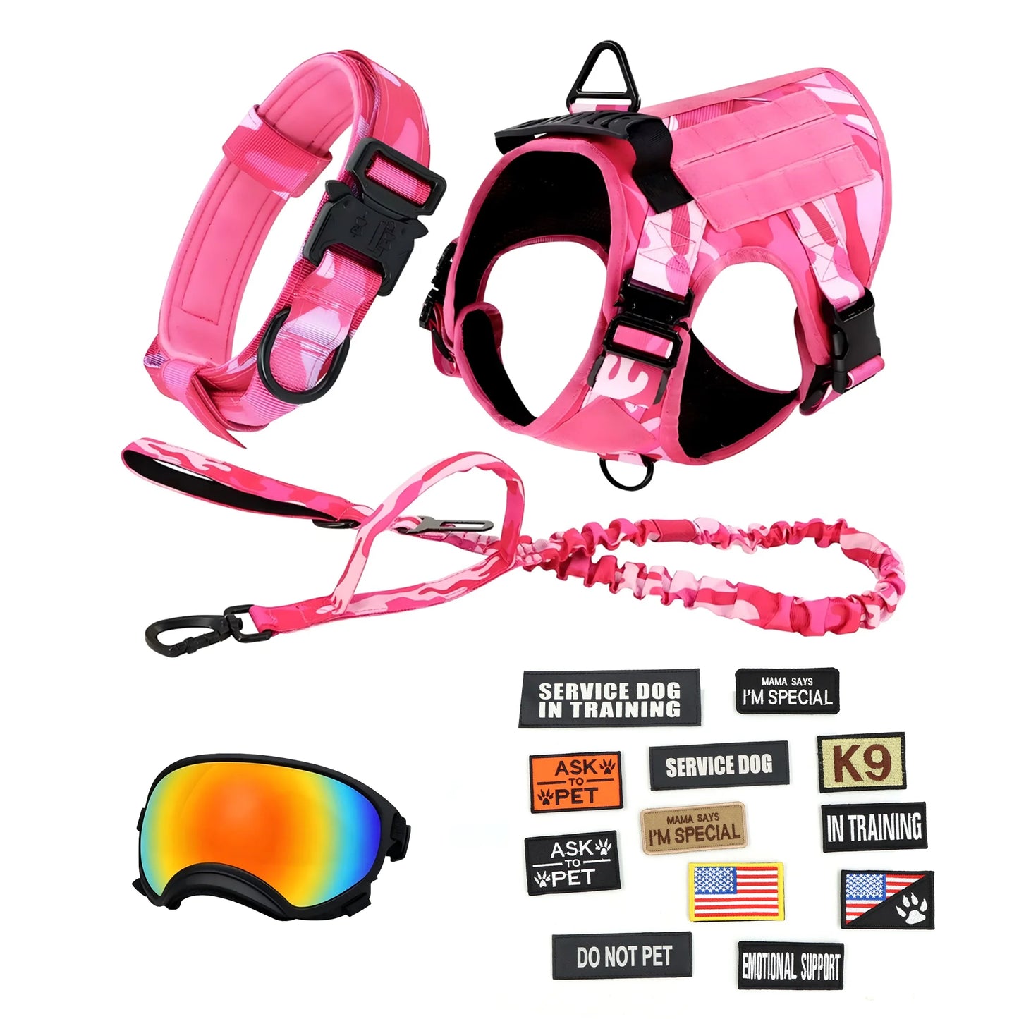 Tactical Dog Harness Vest With Leash Patches And Sunglasses