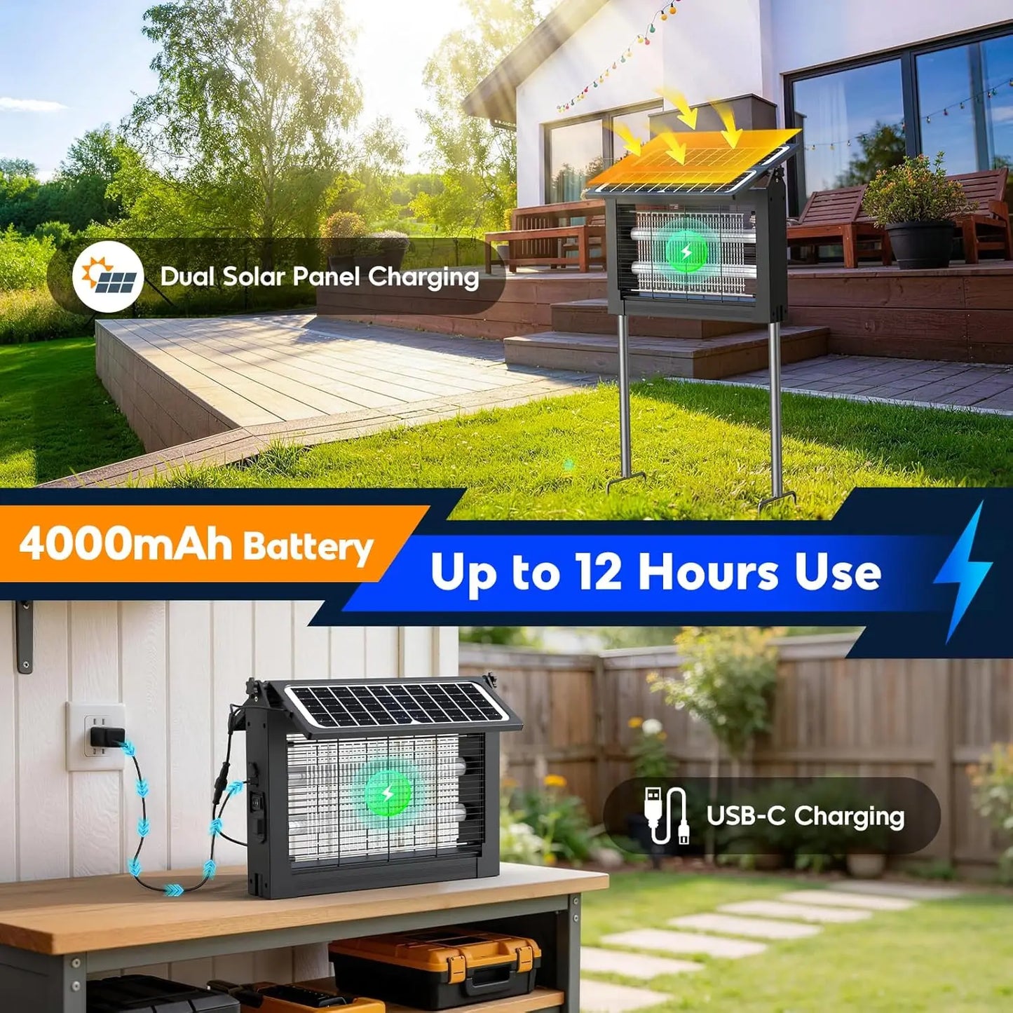 Solar Bug Zapper Outdoor 4500V IPX5 Waterproof