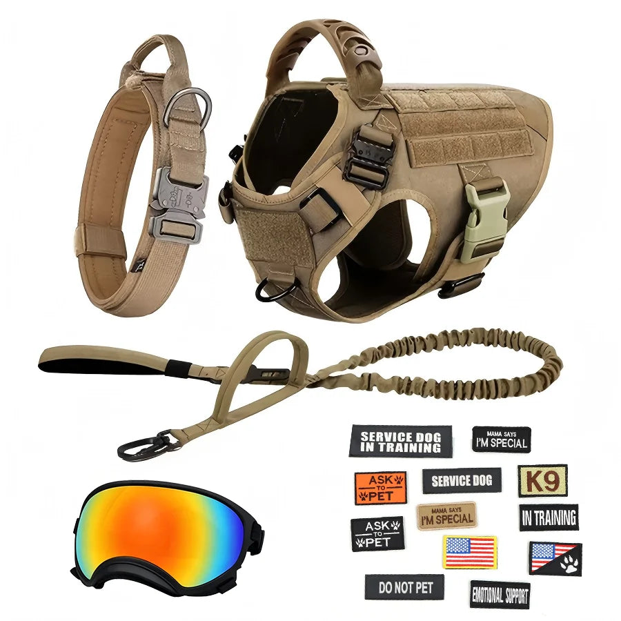 Tactical Dog Harness Vest With Leash Patches And Sunglasses