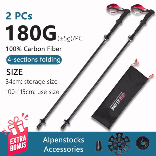OKHEALING Ultralight Carbon Fiber Trekking Poles Folding Telescopic