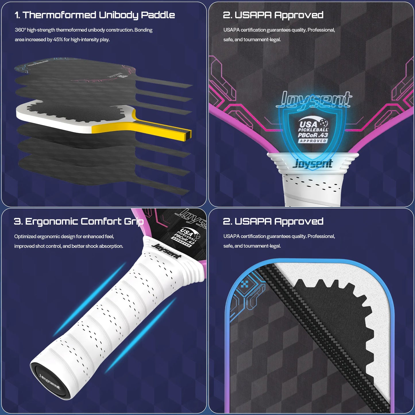 Joysent USAPA Pickleball Paddle 3D 18K Carbon Fiber Core